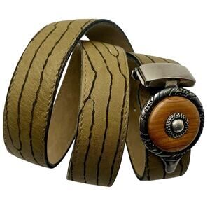 Vtg Zibo Belt Made In France Sz S Zebra Stripe Mod Dep Wood Accent Buckle Green